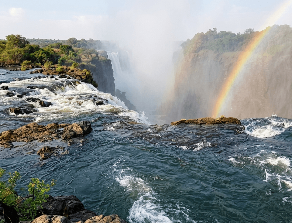 Panoramic view of the Victoria Falls rock lip and thundering abyss.