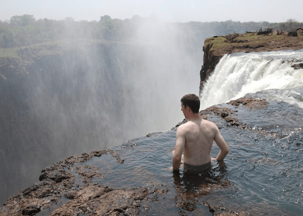 Close-up of the natural rock barrier at Angel's Armchair, Victoria Falls, Zambia side.